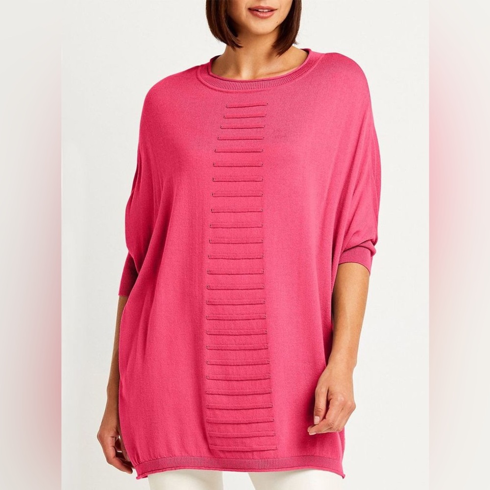 Planet By Lauren G One Size Shoelace Crewneck Knit Sweater In Shocking Pink O/S